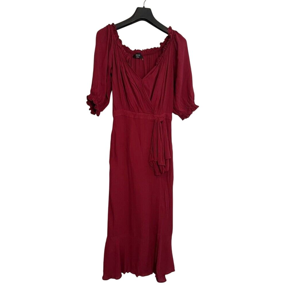 Vici Womens Faux Wrap Dress Red Pleated Midi Short Sleeve Ruffle Surplice S